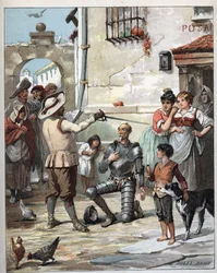 Przed karczmą, Don Kichot staje się rycerzem - Ilustracja Julesa Davida (1808-1892) z Histoire de Don Kichot (Don Kichota) - 1887 - autorstwa Miguela de Cervantesa Saavedra (1547-1616) -