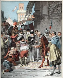 Sancho Pansa mianowany gubernatorem wyspy Barataria - Sancho Pansa zostaje dożywotnim gubernatorem wyspy Barataria - Ilustracja Julesa Davida (1808-1892) z Histoire de Don Quichotte (Don Quichotte) - 1887 - autorstwa Miguela de Cervantesa Saavedry
