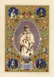 Portret św. Jana z Mathy, założyciela Zakonu Trójcy Przenajświętszej, z aureolą, w szatach krzyżowców, trzymającego kajdany uwolnionych chrześcijan