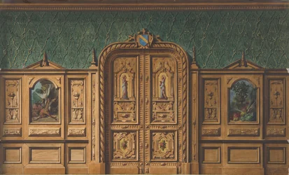 Projekt pokoju z drewnianymi panelami wstawionymi w obrazy i mocno rzeźbionymi podwójnymi drzwiami, 1830-97. Twórcy: Jules-Edmond-Charles Lachaise, Eugène-Pierre Gourdet.