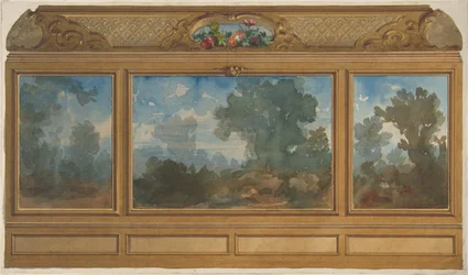 Elewacja wnętrza boazerią ozdobionego malowanymi pejzażami i zatoczkami z..., 1830-97. Twórcy: Jules-Edmond-Charles Lachaise, Eugène-Pierre Gourdet.