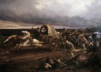 Powoli Cholet Insurrection uzbrojony w Vendee w marcu 1793 r., upomniany w październiku przez Konwencję i armie republikańskie, „Biali” wycofali się w kierunku Loary. Obraz Julesa Girardeta (1856-1938)