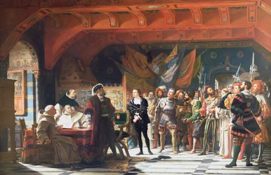 Francis de Bonnivard (1496-1570) więzień Chillon, postawiony przed księciem Sabaudii w 1530, 1870