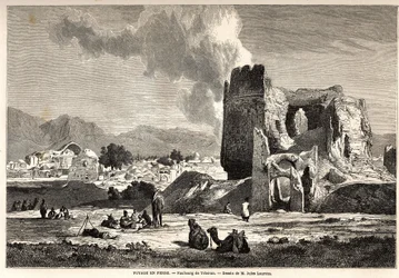 Przedmieścia Teheranu (dzisiejszy Iran). Rysunek Julesa Laurensa (1825-1901), ilustrujący podróż Arthura Gobineau do Persji w latach 1855-1858. Rycina w „” Le tour du monde, nouveau journal des voyages”” Paryż