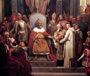 Karol Wielki w otoczeniu swoich naczelnych oficerów przyjął Alkuina, który w 781 r. wprowadził rękopisy, dzieło swoich mnichów. Fragment obrazu Jules Laure (1806-1861). 1837. Słońce 0,67x1,07m Wersal, pałace Wersalu i Trianon - Charlemagne su
