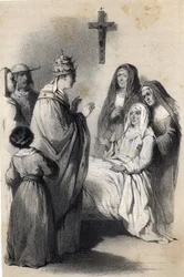 Reprezentacja św. Klary (Chiary) z Asyżu (ok. 1192-1253), założycielki zakonu klarysek w „Wielkich kobietach Europy”. Hrabina Drohojowska z domu Symon of Latreiche. Ilustrujące rysunki Julesa Davida i Raunheima. około 1850