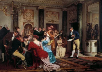 Romans jest modny Czytanie kawałka teatru w paryskim salonie. (Salon Litteraire) Obraz Julesa Wormsa (1832-1914) XIX-wieczny Paryż, Palais du Luxembourg