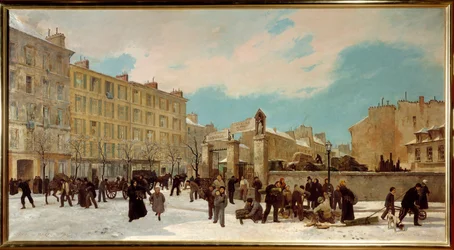 Drewniana konstrukcja do spalenia bulwaru Montparnasse w styczniu 1871 r. - Scena uliczna w Paryżu - Obraz Julesa Didiera (1831-1892) i Jacquesa Guiauda (1811-1876)