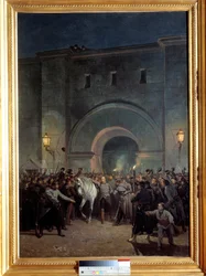 Wyzwolenie więźniów Mazasa 21 stycznia 1871 r. Mazas było więzieniem niedaleko Lyonu. Obraz Julesa Didiera (1831-1892) i Jacquesa Girauda (1811-1876)