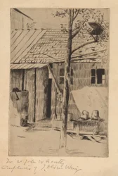 Podwórko, wiadra i drzewo.