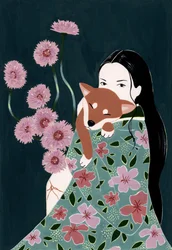 Kobieta trzymająca psa rasy shiba inu