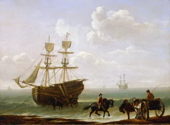 Cegła wyłowiona na brzegu, rozładowywana do wozów. Olej na płótnie, około 1790 roku, autor: Julius Caesar Ibbetson (1759-1817).