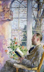 "Na werandzie" Mężczyzna czytający książkę, z klatki zwisa ptak. Obraz autorstwa Juliusa Gari Melchersa (1860-1932)