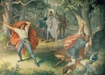 Hagen zabija Zygfryda przy źródle, Sala Nibelungów
