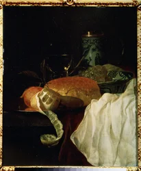 Owoce, chleb i wino (owoce, chleb i wino). Obraz Jurlaena van Streecka (1632-1687). Olej na drewnie, 53 x 45 cm