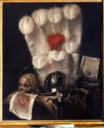 Szafka z czaszką otoczoną kłosem pszenicy, hełmem, sztyletem (lub mieczem), rogiem, piórami i kopią „Elektry” Sofoklesa. Obraz Jurlaena van Streecka (1632-1687). Olej na płótnie, 98 x 84 cm
