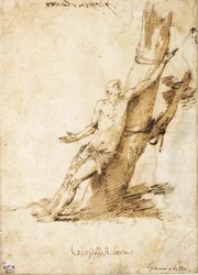 Święty Sebastian przywiązany do drzewa, patrząc w prawo