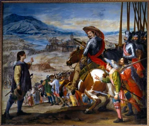 Wojna trzydziestoletnia (1618-1648): „” Zdobycie Brissac w 1638 przez Bernarda z Saksonii Weimar”” Obraz Jusepe Leonardo (1601-1656)