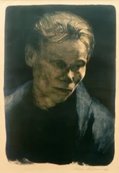 K. Kollwitz, portret robotnicy w połowie długości