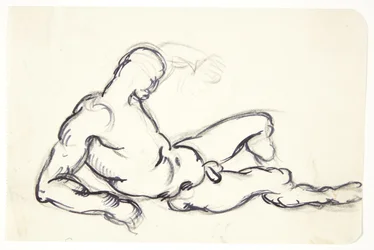 Studium leżącego nagiego mężczyzny. Studium do postaci Adama w grupie „Przebudzona Ewa”