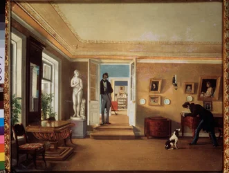 W pokoju (Mężczyzna bawi się z psem, a inny go obserwuje) - W pokoju - Obraz Kapitona Aleksiejewicza Zelentsowa (1790-1845), olej na płótnie - Sztuka rosyjska