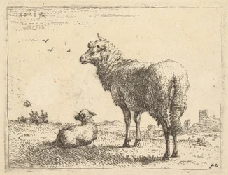 Dojrzała owca w widoku w trzech czwartych stojąca i patrząca w lewo, obok niej leży jagnię..., ca. 1655.