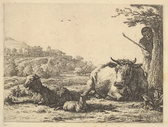 Krowa, dorosła owca i młode owce leżące w trawie, za nią stoi pasterz częściowo..., 1656.