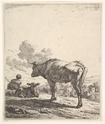 Pasterz z krową i cielęciem na zboczu wzgórza, oglądany od tyłu i siedzący w ..., 1658 r.