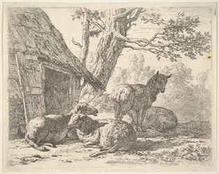 Cztery owce, jedna owca stoi wśród trzech innych leżących na ziemi obok szopy z tr..., 1658.