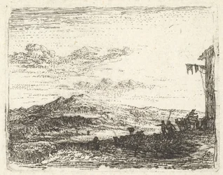 Pejzaż z narożnikiem budynku i markizą po prawej stronie, dwie postacie i koń-..., ca. 1641-78.