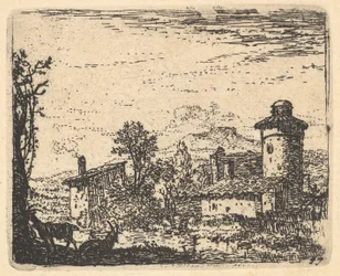Pejzaż z dwiema rogatymi kozami w cieniu na lewym pierwszym planie, z zabudowaniami wsi w oddali, ok. 1641-78.