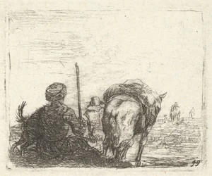 Koń juczny, siedzący mężczyzna z laską w prawej ręce i pies, wszystko widziane od tyłu..., ca. 1641-78.