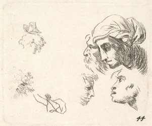 Studium głów z profilu, kobieta z nakryciem głowy i brodatym mężczyzną, którego głowy ..., ca. 1641-78.