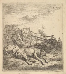 Dwa psy śpiące na ziemi, pług, sprzęt rolniczy, pęki słomy i...,ok. 1641-78.