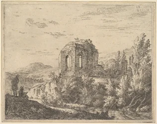 Widok ruin ukazujący narożnik budynku z dwoma łukowymi oknami, w pejzaż..., 1658.