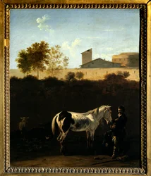 Pejzaż Włoch z obrazem Patres i Horse Pie autorstwa Karela Dujardina (1621-1678) (ec.hol.) 1675 nd. 0,32x0,27 m Paryż, Musee du Louvre.