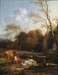 Bocage zwierząt w pobliżu strumienia. Obraz Karela Dujardina (1622-1678) 1656 Nd. 52x43 cm Paryż, Musee du Louvre