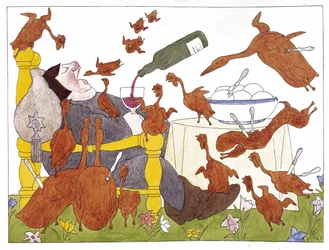Ilustracja z filmu "Schlaraffenland" autorstwa Hansa Sachsa (1494-1576) (pióro i tusz oraz akwarela na papierze)