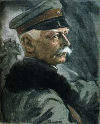 Pierwsza wojna światowa: Portret niemieckiego żołnierza Ericha von Falkenhayna (1861-1922). Ilustracja Karla Bauera (1868-1942)