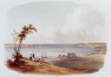 Wejście do Zatoki Nowego Jorku, Staten Island, grawerowane przez Salathe (kolor lito)