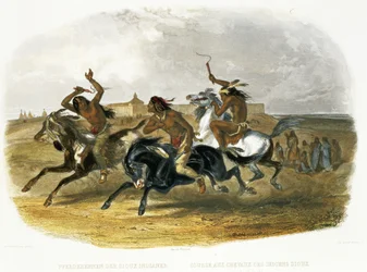 Wyścigi konne Indian Sioux w pobliżu Fort Pierre, tablica 30 z tomu 1 „Podróże we wnętrzu Ameryki Północnej”, ryty przez Du Casse i Doherty, 1843 (akwatinta)
