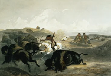 Indianie polujący na bizony, tablica 31 z tomu 2 «Podróży po wnętrzu Ameryki Północnej», rytowana przez Carla Vogela (1816-51), 1844