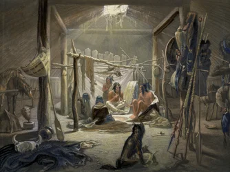 Wnętrze chaty wodza mandanów, tablica 19 z tomu 2 Travels in the Interior of North America, rytowana przez Narcisse Desmadryl, 1844 kolor akwatinty z 103848