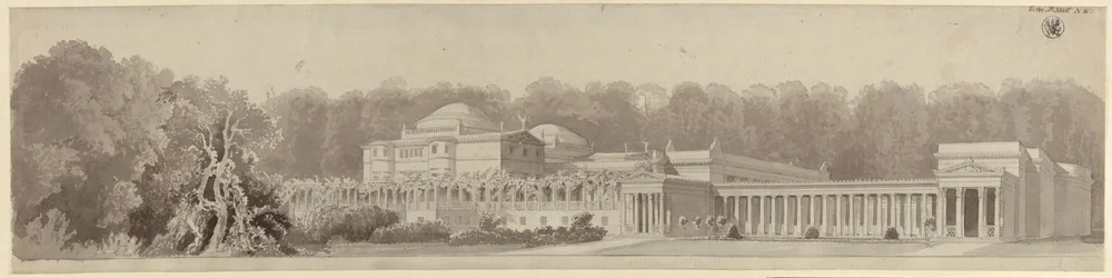 Poczdam-Sanssouci. Antyczny dom wiejski przy pałacu Charlottenhof. Widok perspektywiczny od północnego wschodu