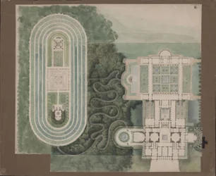 Poczdam-Sanssouci. Antyczny dom wiejski przy pałacu Charlottenhof. Plan sytuacyjny i rzut