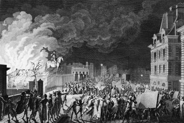 Pierwsza rewolucja francuska: Pożar gwardii na Pont Neuf w Paryżu 29 sierpnia 1788 r. Rysunek i rycina autorstwa Girardeta. Paryż, Biblioteka Instytutu Historii Rewolucji