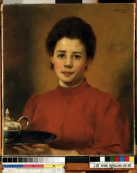 ""Młoda Kobieta W Czerwieni"" Portret Kobiety Niosącej Tacę Z Czajniczek Srebrny. (Kobieta w czerwieni) Obraz Karla (Carla) Gusova (1843-1907) 1904 Muzeum Sztuk Pięknych Mikalojus Konstantinas Ciurlionis, Kowno, Litwa