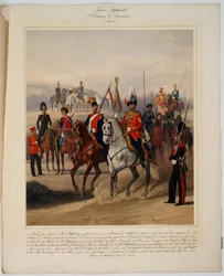 Garde imperiale: 1ere Division de cavalerie - Żołnierze 1. Dywizji Kawalerii Gwardii Rosyjskiej Gwardii Cesarskiej - Piratsky, Karl Karlovich (1813-1889) - 1867 - Kolorowa litografia - 56x45 - Kolekcja prywatna