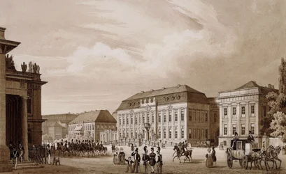 Unter den Linden, Berlin. Widok z Neue Wache w kierunku Kronprinzenpalais z Prinzessinenpalais po prawej i Kommandatur po lewej stronie,