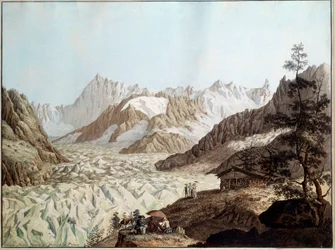 Widok na morze lodu Mount Avert w pobliżu Chamonix w Alpach Ilustracja autorstwa Karla Hackerta (1740-1800) (wew.all.) 1781 Frankfurt. Stadelsches Kunstinstitut